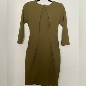 OLIVE CREPE DRESS WITH TIE WAIST OFFICE CASUAL SIZE M ABOVE KNEE LENGTH